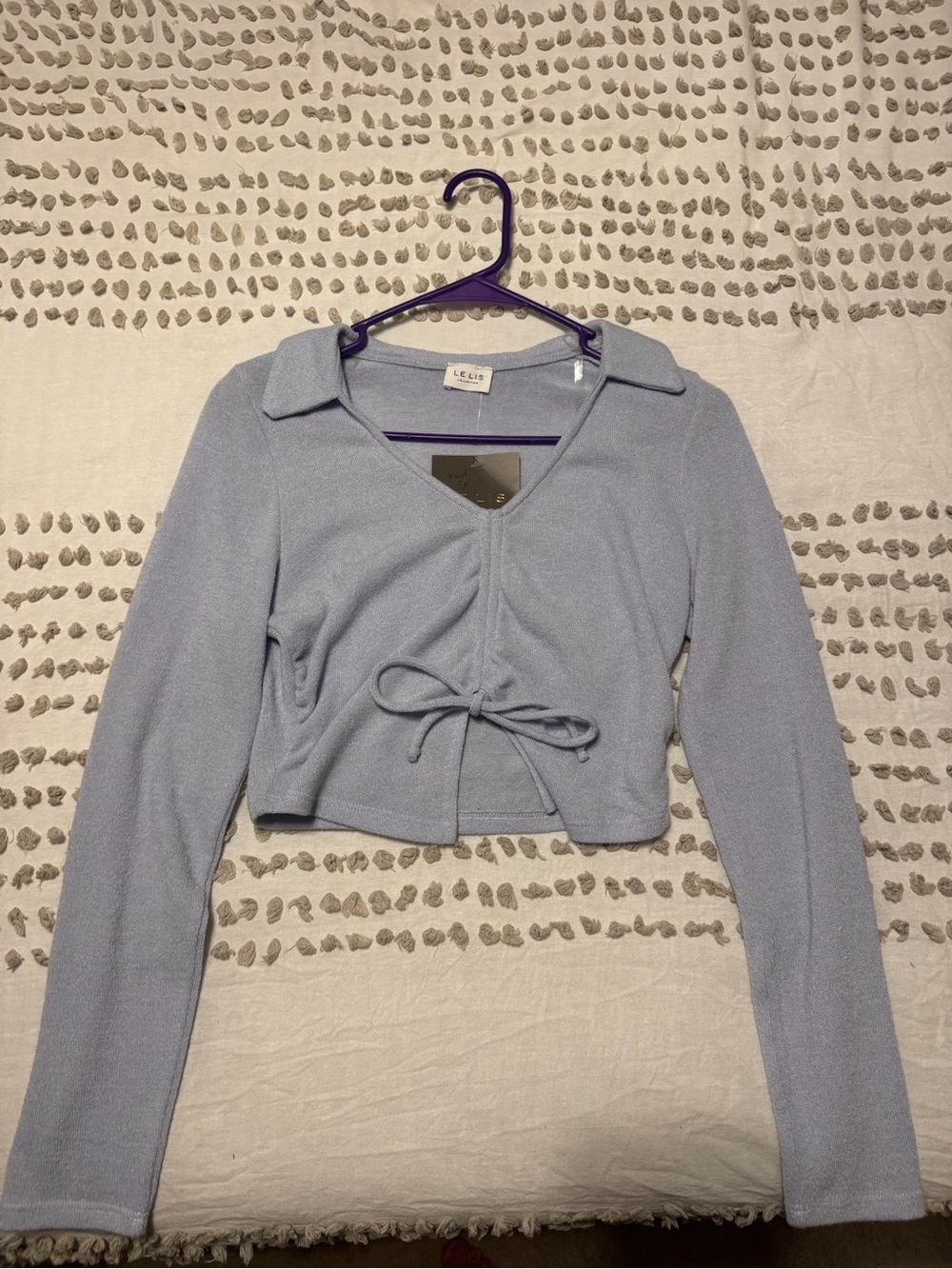 Le Lis Light Blue Tie-Waist Collared Cropped Sweatshirt